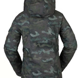 Volcom Women's Vault 4 in 1 Jacket 2022 - A dark green camouflage print jacket with a hood, featuring a zippered front and two side pockets.