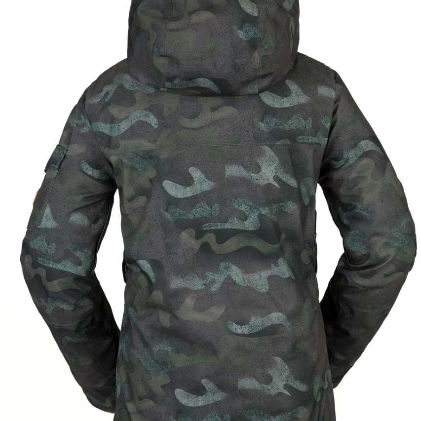 Volcom Women's Vault 4 in 1 Jacket 2022 - A dark green camouflage print jacket with a hood, featuring a zippered front and two side pockets.