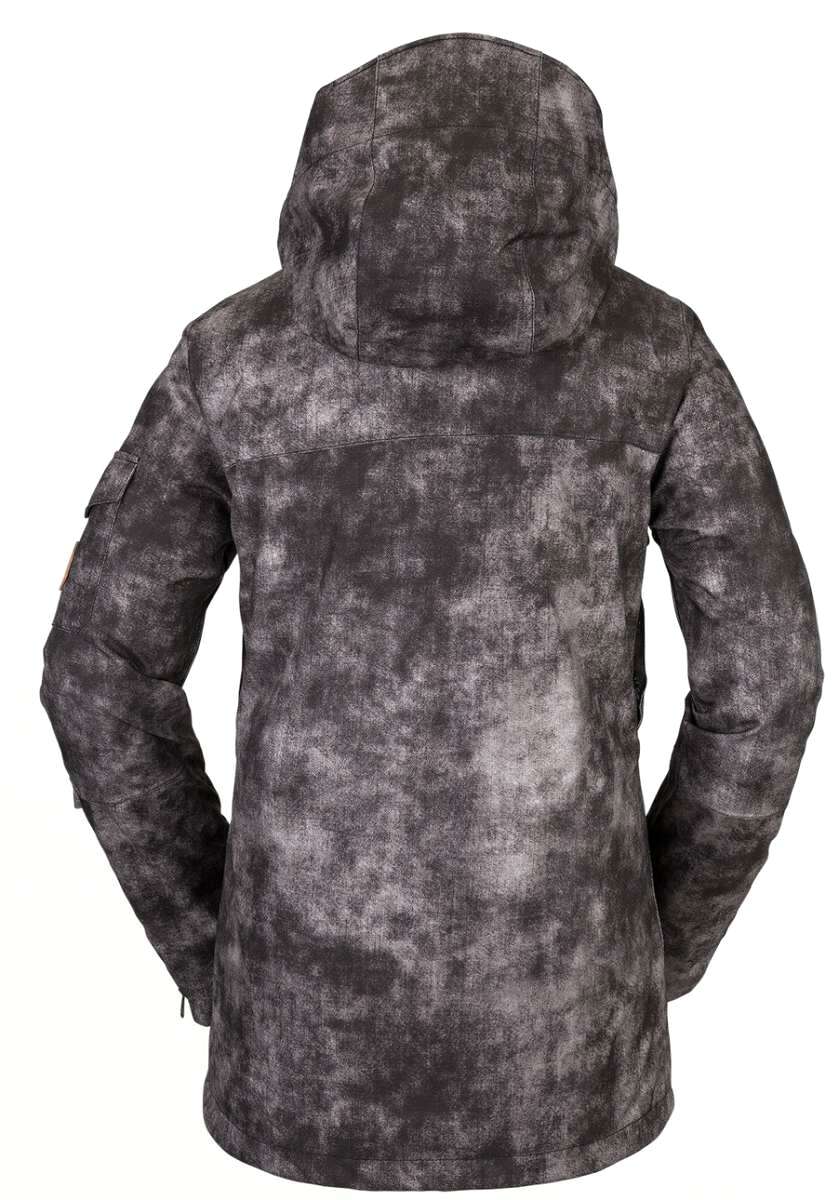Volcom Women's Vault 4 in 1 Jacket - A black and white jacket with a subtle pattern of small, irregular shapes resembling snowflakes or abstract designs.