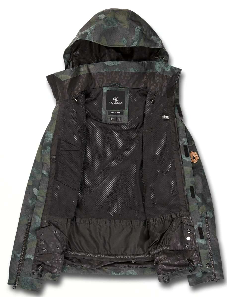 Volcom Women's Vault 4 in 1 Jacket 2022 - A camouflage-printed jacket with a hood, featuring a zippered front and multiple pockets.