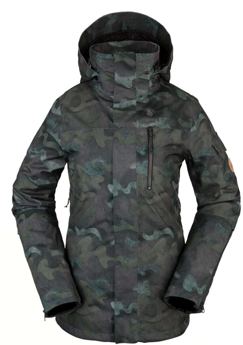 Volcom Women's Vault 4 in 1 Jacket 2022 - A dark green camouflage print jacket with a hood, featuring a zippered chest pocket and a small logo on the upper left side.