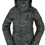 Volcom Women's Vault 4 in 1 Jacket 2022 - A dark green camouflage print jacket with a hood, featuring a zippered chest pocket and a small logo on the upper left side.