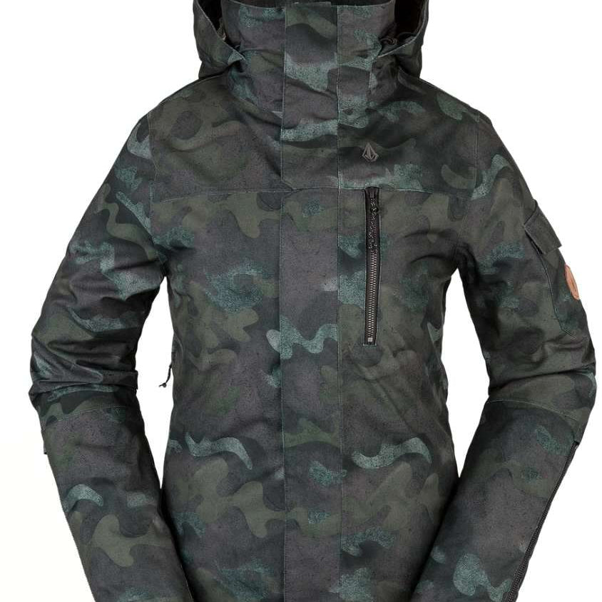 Volcom Women's Vault 4 in 1 Jacket 2022 - A dark green camouflage print jacket with a hood, featuring a zippered chest pocket and a small logo on the upper left side.