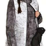 Volcom Women's Vault 4 in 1 Jacket - A black and white jacket with a marbled pattern, featuring a hood and zippered pockets.