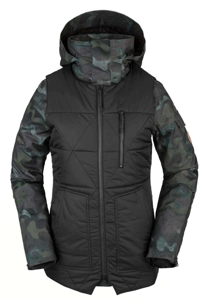 Volcom Women's Vault 4 in 1 Jacket - A black jacket with a quilted pattern on the front and back, featuring a hood and zippered pockets.