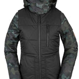 Volcom Women's Vault 4 in 1 Jacket - A black jacket with a quilted pattern on the front and back, featuring a hood and zippered pockets.
