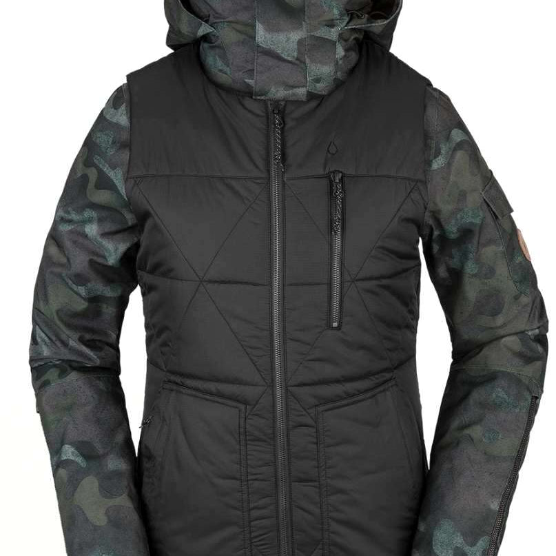 Volcom Women's Vault 4 in 1 Jacket - A black jacket with a quilted pattern on the front and back, featuring a hood and zippered pockets.