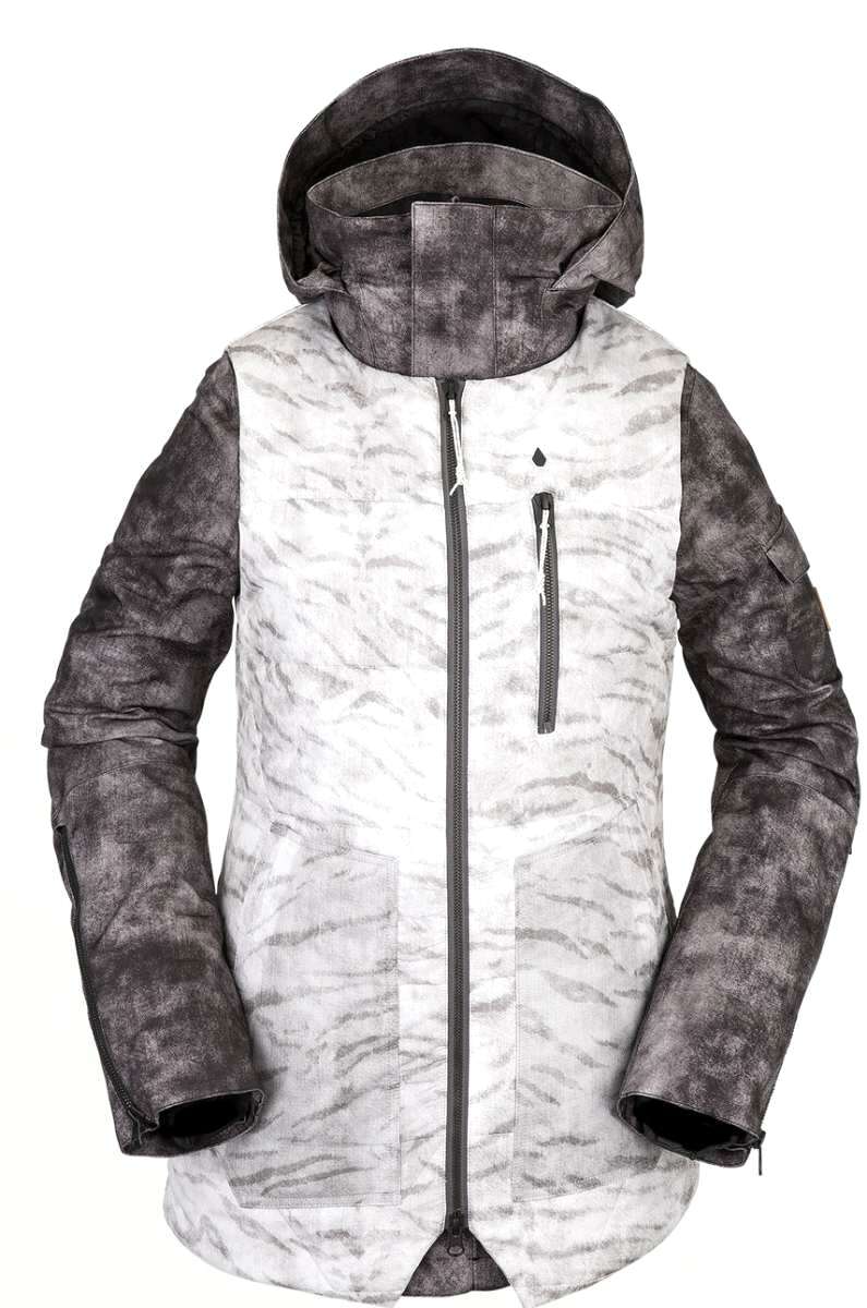 Volcom Women's Vault 4 in 1 Jacket - A white and grey marbled patterned jacket with a hood, zippered pockets, and a black zipper down the front.