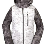 Volcom Women's Vault 4 in 1 Jacket - A white and grey marbled patterned jacket with a hood, zippered pockets, and a black zipper down the front.