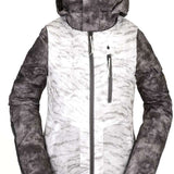 Volcom Women's Vault 4 in 1 Jacket - A white and grey marbled patterned jacket with a hood, zippered pockets, and a black zipper down the front.