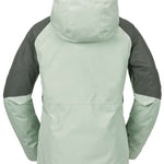 Volcom Women's V.Co Aris Insulated GORE-TEX Jacket 2024 - A light green jacket with dark green sleeves and a hood, featuring two zippered pockets on the front.