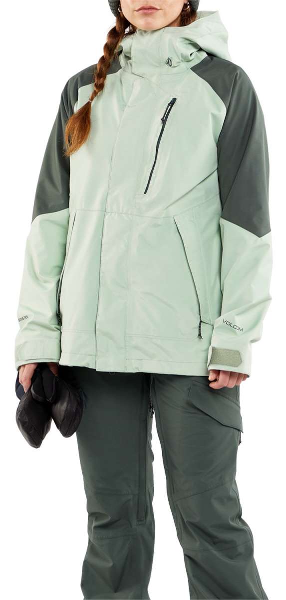 Volcom Women's V.Co Aris Insulated GORE-TEX Jacket 2024 - A light green jacket with a hood and black zipper on chest.