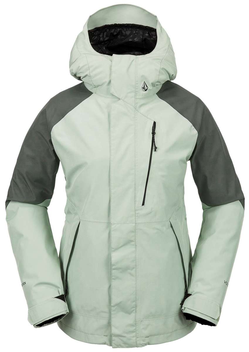 Volcom Women's V.Co Aris Insulated GORE-TEX Jacket 2024 - A light green jacket with dark green shoulders and hood, featuring a zippered chest pocket and black zipper.