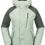 Volcom Women's V.Co Aris Insulated GORE-TEX Jacket 2024 - A light green jacket with dark green shoulders and hood, featuring a zippered chest pocket and black zipper.