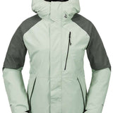 Volcom Women's V.Co Aris Insulated GORE-TEX Jacket 2024 - A light green jacket with dark green shoulders and hood, featuring a zippered chest pocket and black zipper.