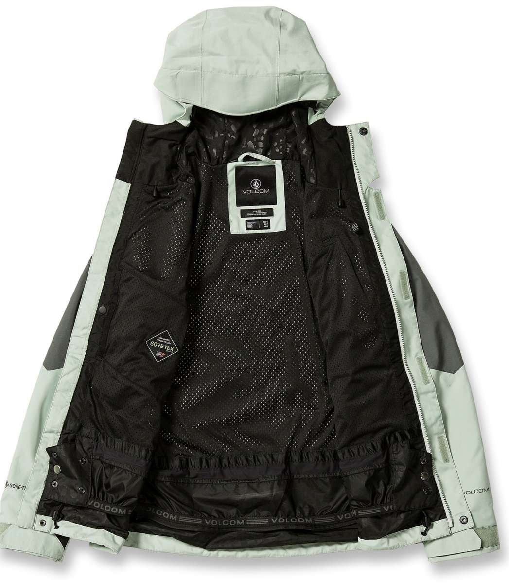 Volcom Women's V.Co Aris Insulated GORE-TEX Jacket 2024 - A black jacket with a hood, featuring a white logo on the chest and a zipper down the front.
