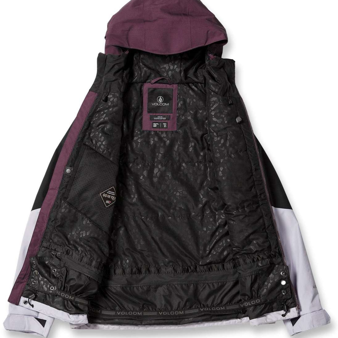 Volcom Women's V.Co Aris Insulated GORE-TEX Jacket 2024 - A black jacket with a hood, featuring a white stripe on the left sleeve and a small logo patch near the right shoulder.
