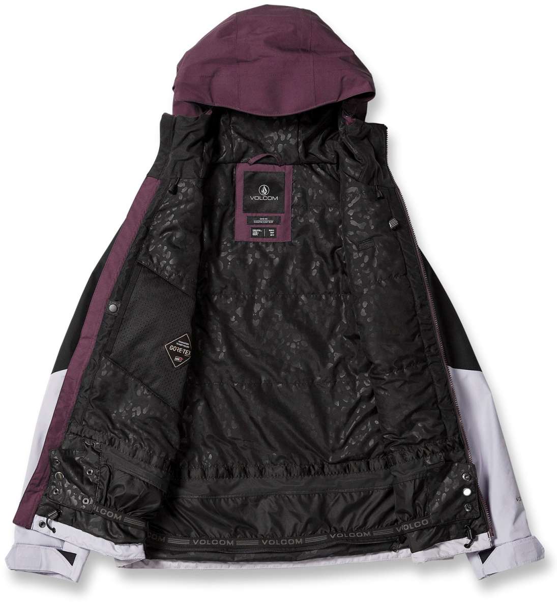 Volcom Women's V.Co Aris Insulated GORE-TEX Jacket 2024 - A black jacket with a hood, featuring a white stripe on the left sleeve and a small logo patch near the right shoulder.