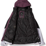 Volcom Women's V.Co Aris Insulated GORE-TEX Jacket 2024 - A black jacket with a hood, featuring a white stripe on the left sleeve and a small logo patch near the right shoulder.