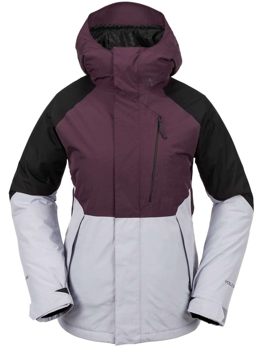 Volcom Women's V.Co Aris Insulated GORE-TEX Jacket 2024 - A purple and black jacket with a hood, featuring a zippered front and two side pockets.