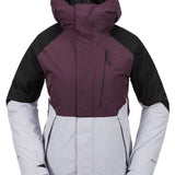 Volcom Women's V.Co Aris Insulated GORE-TEX Jacket 2024 - A purple and black jacket with a hood, featuring a zippered front and two side pockets.