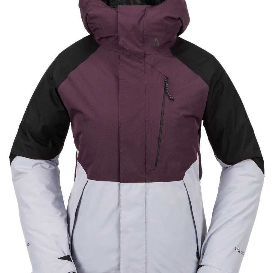 Volcom Women's V.Co Aris Insulated GORE-TEX Jacket 2024 - A purple and black jacket with a hood, featuring a zippered front and two side pockets.