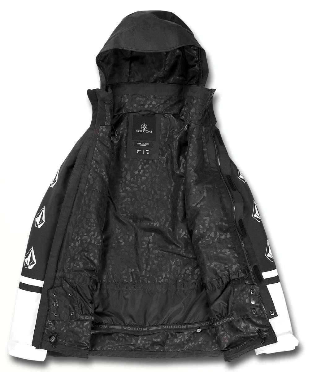 Volcom Women's Westland Insulated Jacket 2022 - A black jacket with a white logo on the left sleeve and a white stripe at the bottom of the right sleeve.
