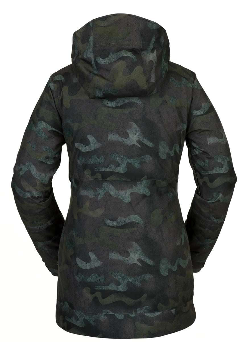 Volcom Women's Westland Insulated Jacket - A dark green camouflage patterned jacket with a hood, featuring a zippered front and two side pockets.