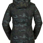 Volcom Women's Westland Insulated Jacket - A dark green camouflage patterned jacket with a hood, featuring a zippered front and two side pockets.