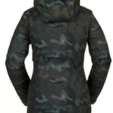 Volcom Women's Westland Insulated Jacket - A dark green camouflage patterned jacket with a hood, featuring a zippered front and two side pockets.