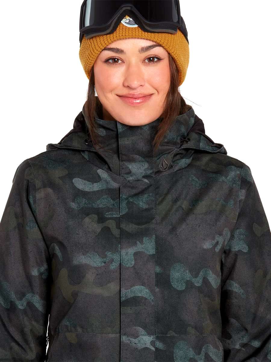 Volcom Women's Westland Insulated Jacket - A black jacket with a subtle green camouflage pattern and a hood, featuring a zipper closure.