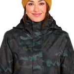 Volcom Women's Westland Insulated Jacket - A black jacket with a subtle green camouflage pattern and a hood, featuring a zipper closure.