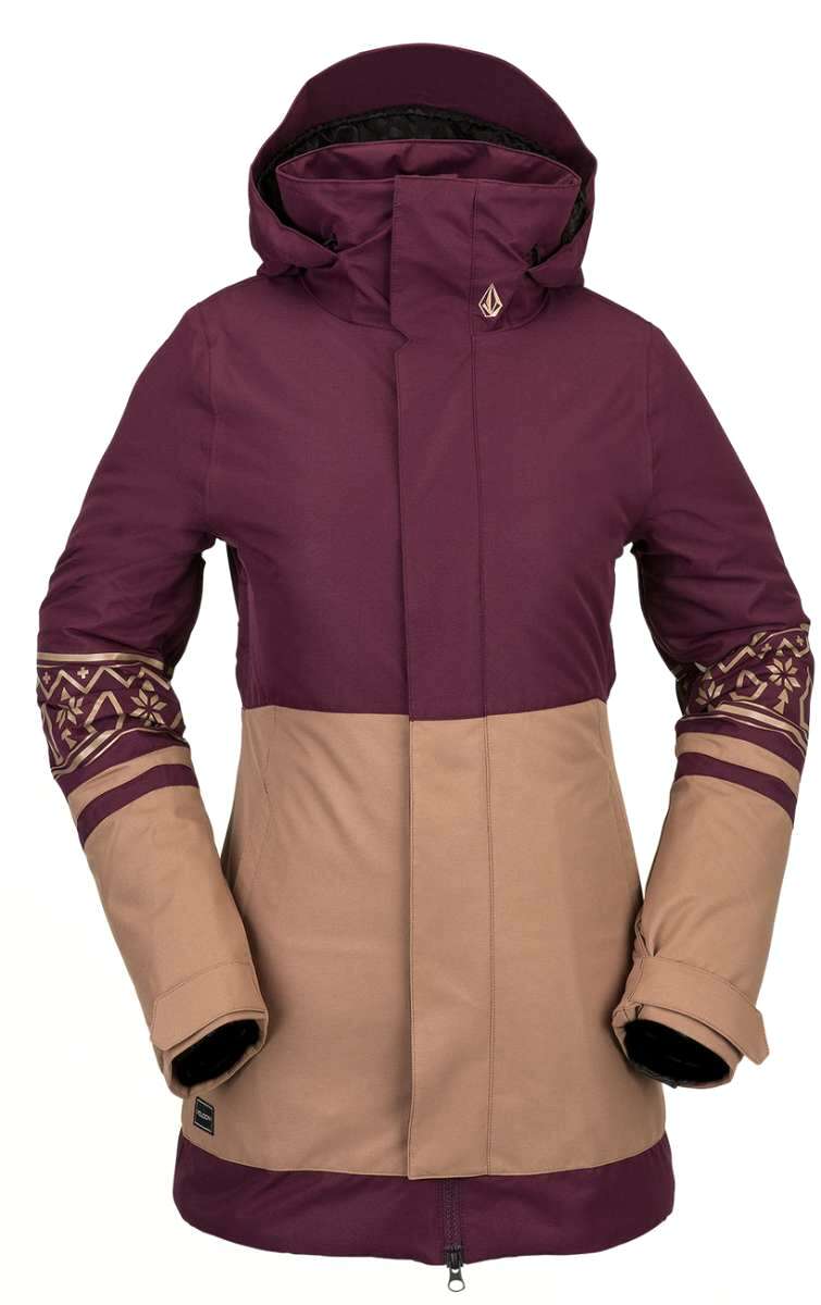 Volcom Women's Westland Insulated Jacket - A purple jacket with a hood, featuring a geometric pattern on the cuffs and a zippered pocket on the side.