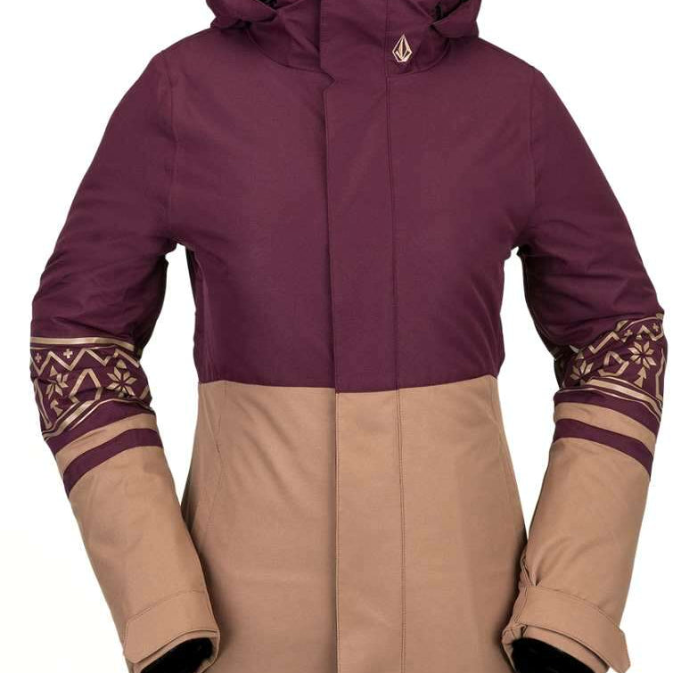 Volcom Women's Westland Insulated Jacket - A purple jacket with a hood, featuring a geometric pattern on the cuffs and a zippered pocket on the side.