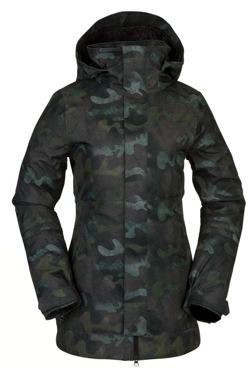 Volcom Women's Westland Insulated Jacket - A dark green camouflage patterned jacket with a hood, featuring a zipper down the front and two zippered pockets on either side.