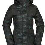 Volcom Women's Westland Insulated Jacket - A dark green camouflage patterned jacket with a hood, featuring a zipper down the front and two zippered pockets on either side.