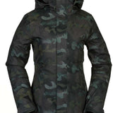 Volcom Women's Westland Insulated Jacket - A dark green camouflage patterned jacket with a hood, featuring a zipper down the front and two zippered pockets on either side.