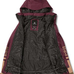 Volcom Women's Westland Insulated Jacket - A black jacket with a hood, featuring tan accents and a geometric pattern on the sleeve cuff.