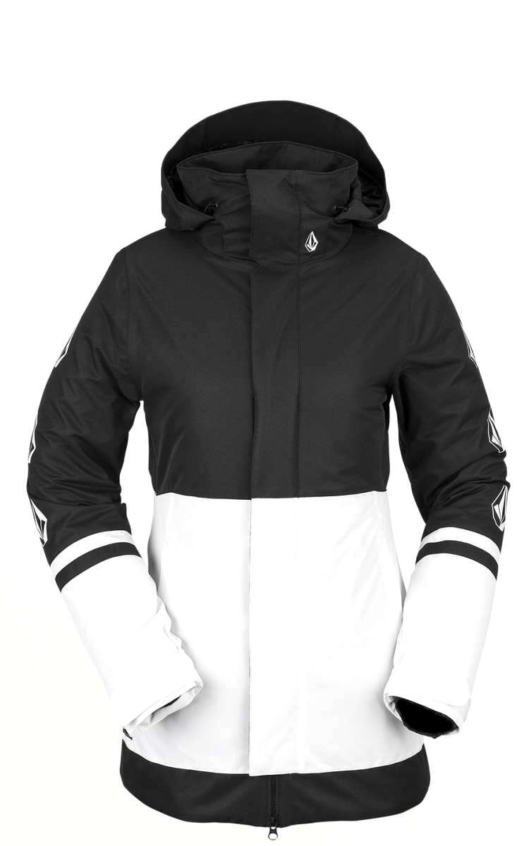 Volcom Women's Westland Insulated Jacket - A black and white jacket with a hood, featuring a small white logo on the upper back.