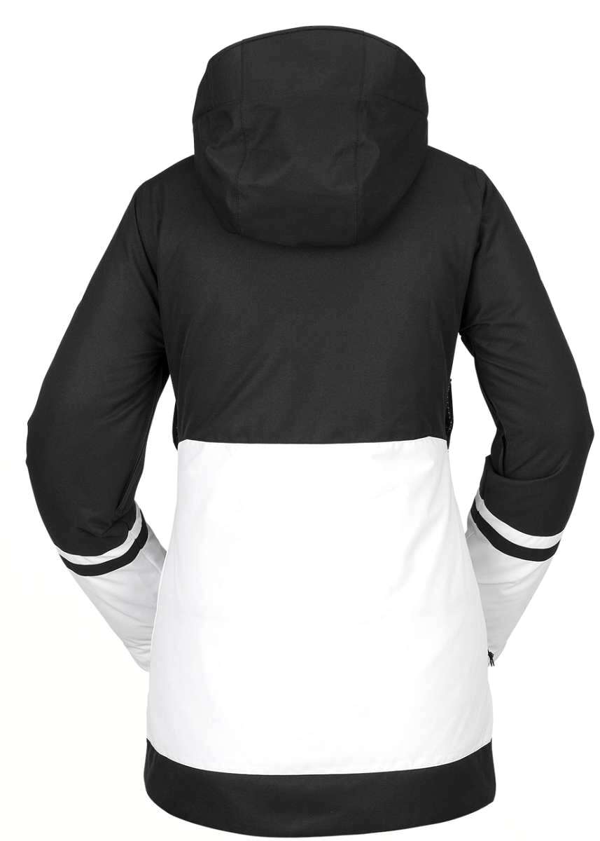 Volcom Women's Westland Insulated Jacket - A black and white insulated jacket with a hood, featuring a zippered front and two side pockets.
