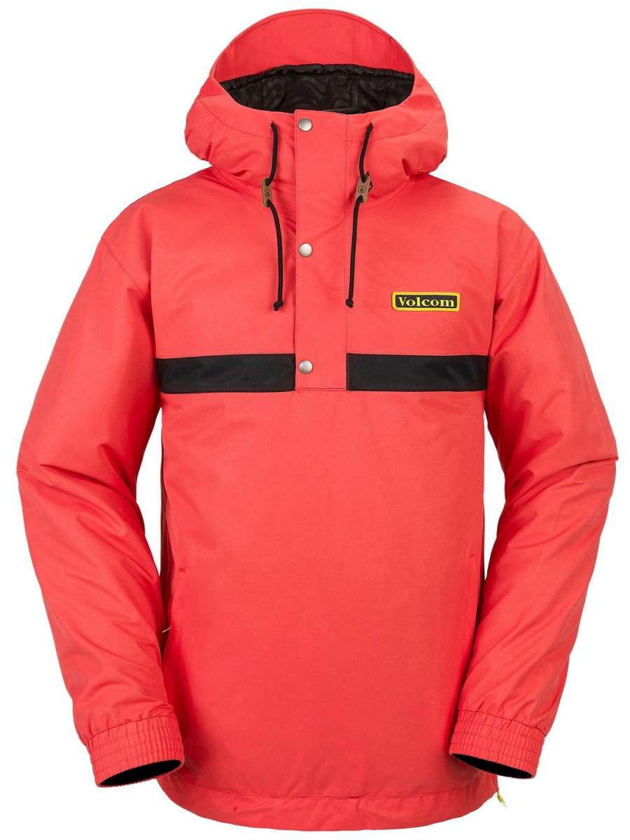 Volcom Longo Shell Pullover Jacket 2024 - A coral-colored jacket with a black stripe across the chest and hood, featuring silver snap buttons down the front.