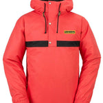 Volcom Longo Shell Pullover Jacket 2024 - A coral-colored jacket with a black stripe across the chest and hood, featuring silver snap buttons down the front.