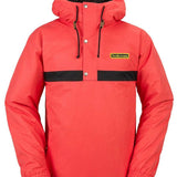 Volcom Longo Shell Pullover Jacket 2024 - A coral-colored jacket with a black stripe across the chest and hood, featuring silver snap buttons down the front.