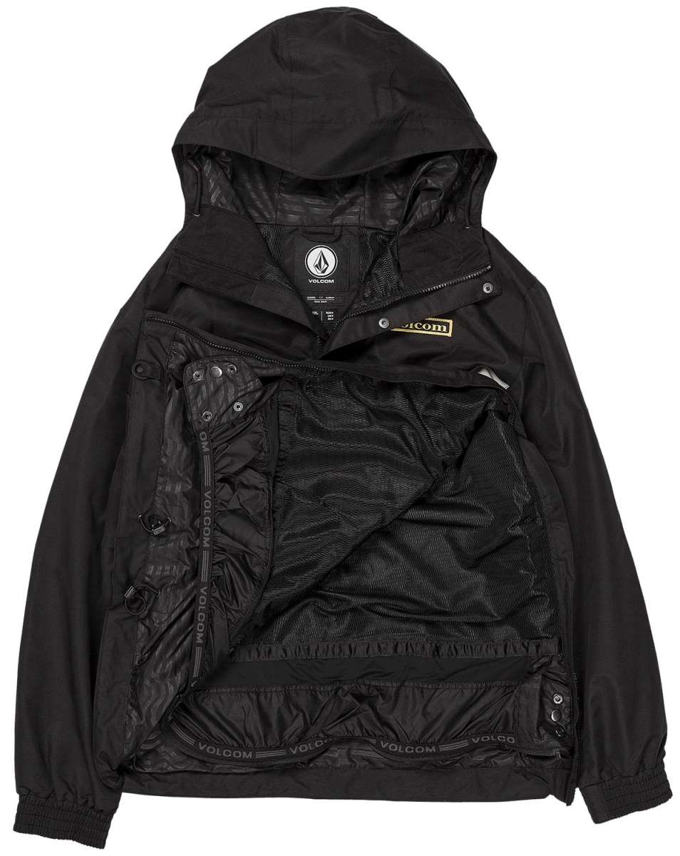 Volcom Longo Shell Pullover Jacket 2024 - A black jacket with a hood, featuring a zipper and snap buttons down the front.