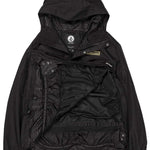 Volcom Longo Shell Pullover Jacket 2024 - A black jacket with a hood, featuring a zipper and snap buttons down the front.