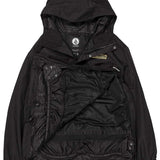Volcom Longo Shell Pullover Jacket 2024 - A black jacket with a hood, featuring a zipper and snap buttons down the front.