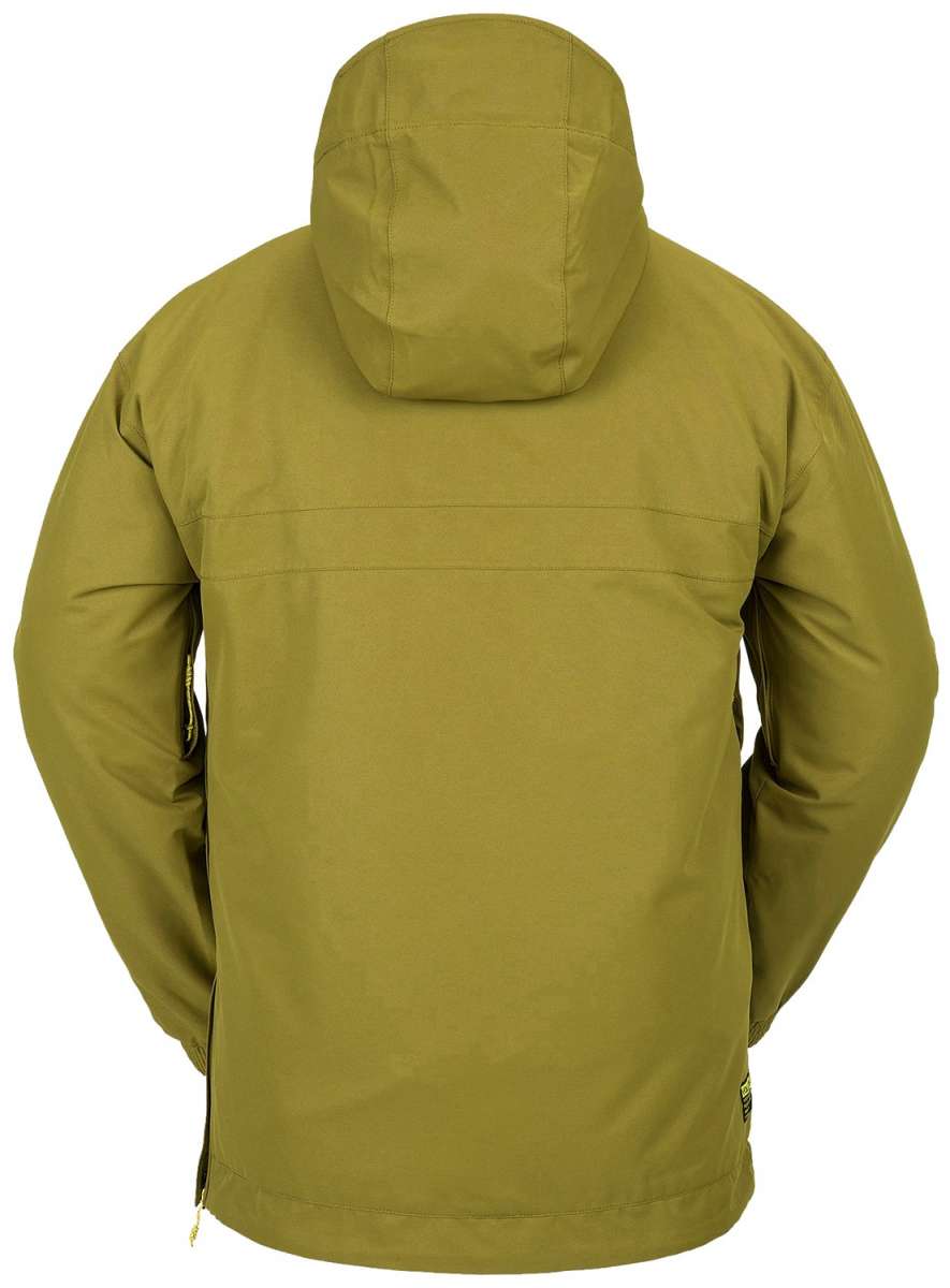 Volcom Longo Shell Pullover Jacket 2024 - A dark olive green jacket with a hood, featuring a zippered front and two side pockets.