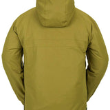 Volcom Longo Shell Pullover Jacket 2024 - A dark olive green jacket with a hood, featuring a zippered front and two side pockets.