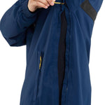 Volcom Longo Shell Pullover Jacket - A navy blue jacket with a zippered front and two pockets on either side, featuring a hood and adjustable cuffs.