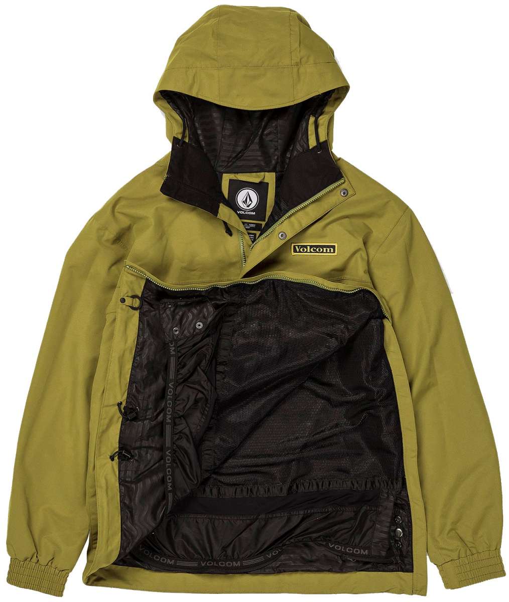 Volcom Longo Shell Pullover Jacket 2024 - A green jacket with a hood, featuring a zipper and snap buttons down the front.